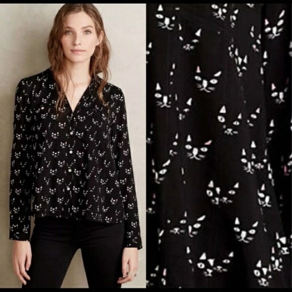 Anthropologie Tops - Anthropologie Maeve Button Down Cat Print Shirt Size 2